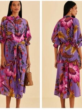 Farm Rio Purple Floral Baloon sleeve Midi dress tassels belt NWT $265 Size S